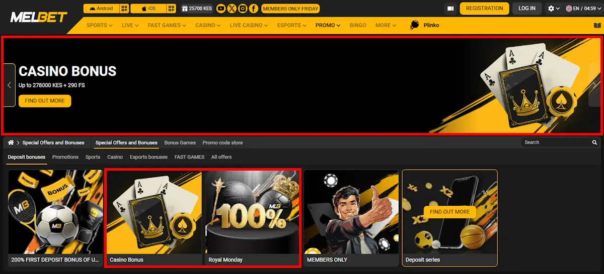 Melbet Welcome Casino Bonus and Royal Monday Screenshot